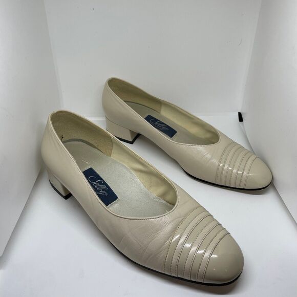 VINTAGE SELLY COMFORT FLEX HEELS LEATHER CREAM WHITE WOMEN'S SIZE 8.5 - Picture 2 of 11
